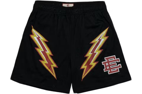 Black/gold/red lightning bolt shorts